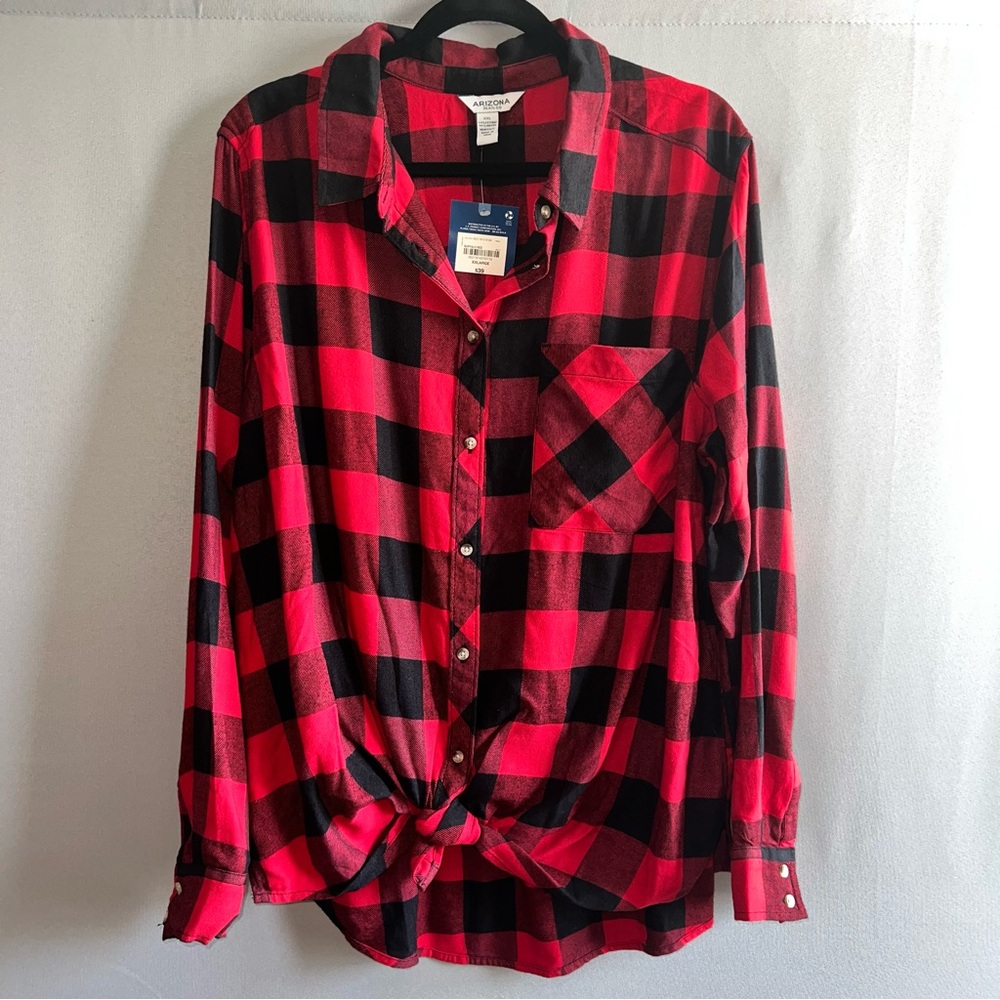 Arizona Jean Company Red and Black Plaid Button Down Shirt
